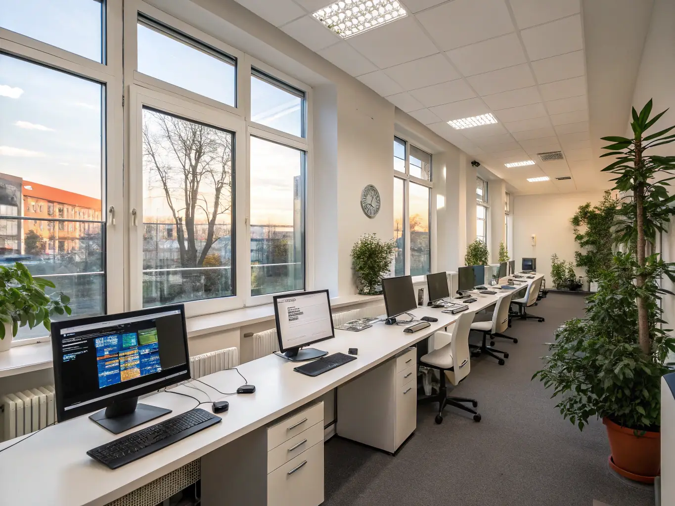 A variety of IT equipment available for rent, including laptops, projectors, and printers, set up in a modern office environment, showcasing The Ark's equipment rental services.