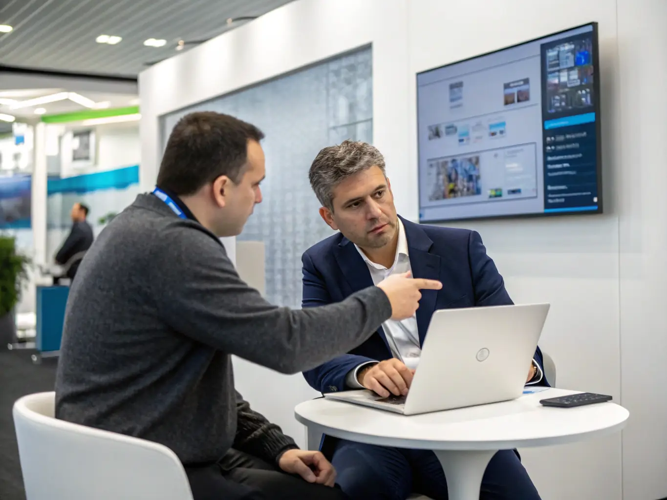 A professional IT consultant advising a client in a modern office setting, surrounded by laptops and digital displays, symbolizing The Ark's expert consulting services.