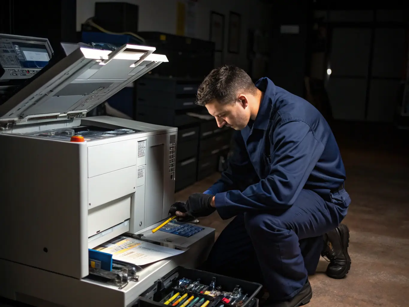 A skilled technician performing maintenance on a high-tech printer, with various tools and equipment neatly arranged, highlighting The Ark's after-sales service.