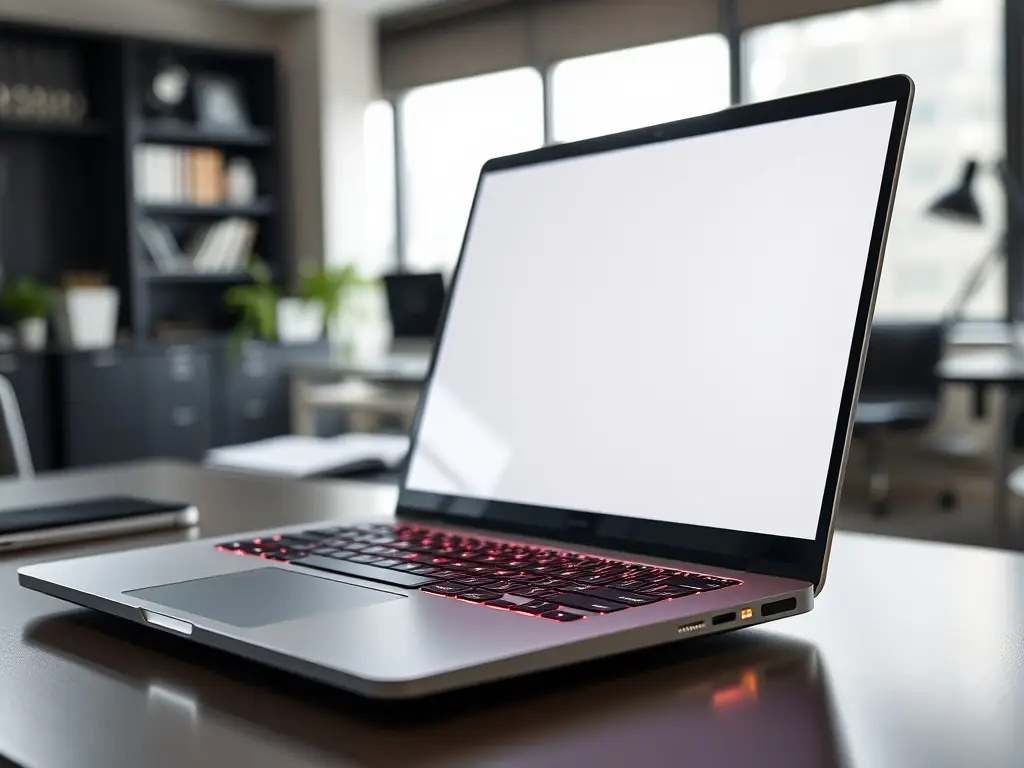A professional photograph of a sleek, modern laptop on a desk, with a person's hands typing on the keyboard. The laptop should be a model offered by The Ark.