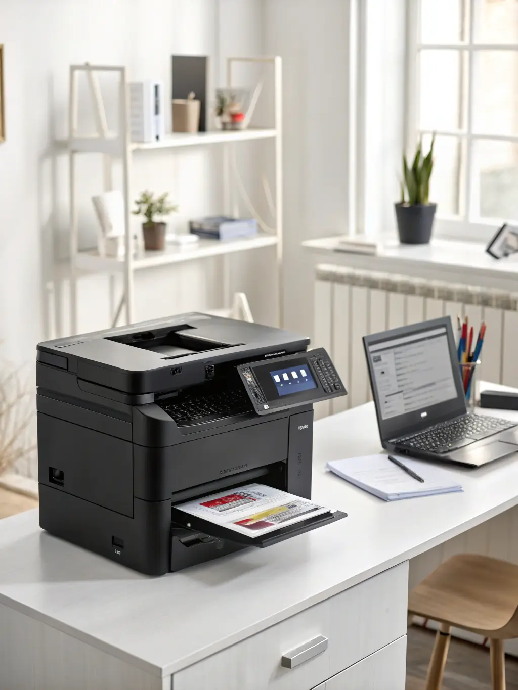 A professional photo of a modern office printer, highlighting its sleek design and advanced features, suitable for a business environment in Andorra.