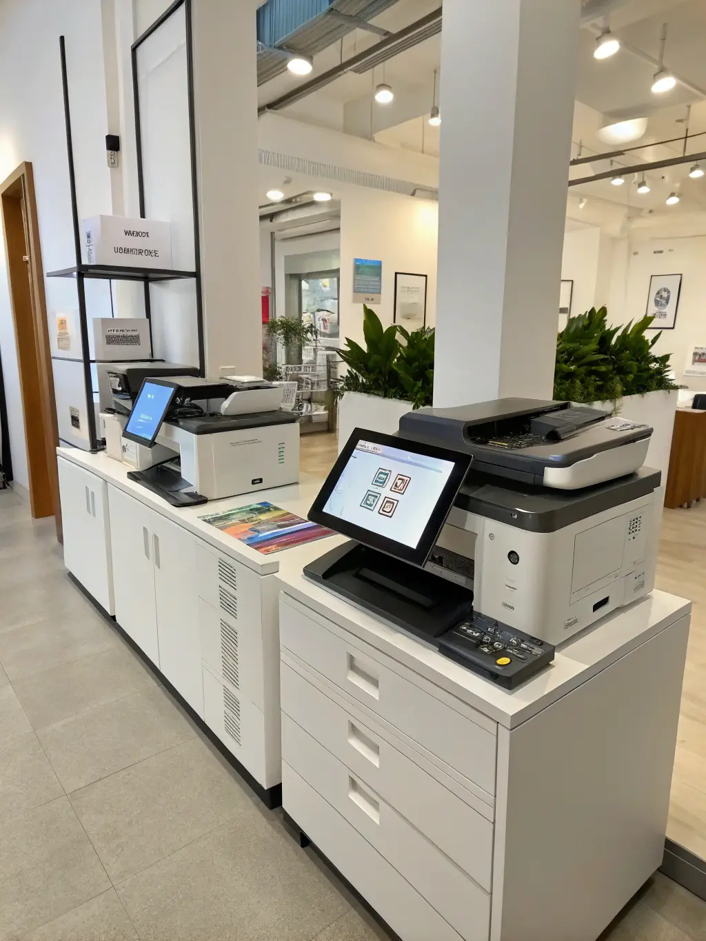 An image of various finishing equipment like binding machines and paper cutters, demonstrating the range of solutions offered.