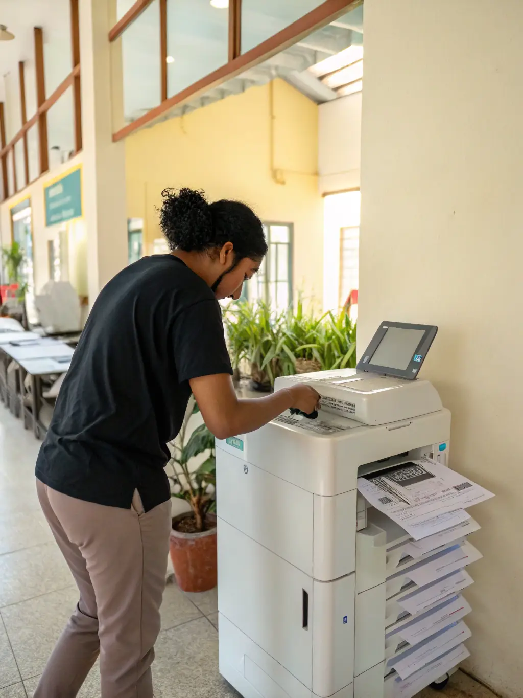 A high-quality image of a person using a copier in an office setting, emphasizing ease of use and efficiency.